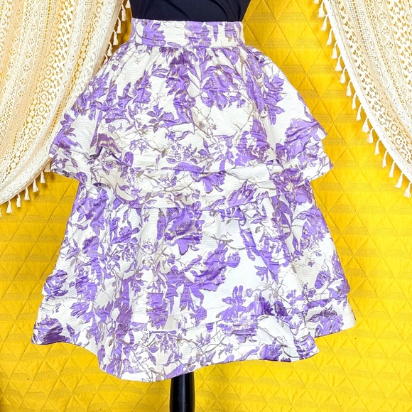 Buru Teagan Lavender Ruffle Tiered Brocade Midi Statement Dopamine Skirt Size S - Picture 4 of 15